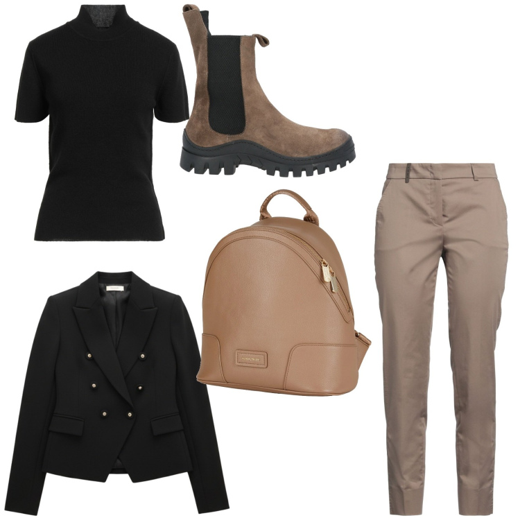 Outfit donna - Street style. Stile Urban per Tutti i giorni. Abbinamento con pantaloni, stivaletti chelsea, zaini, maglieria, blazer.