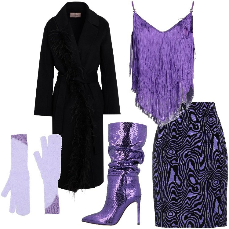 Outfit donna - Serata Disco. Stile Sexy per Serata fuori. Abbinamento con cappotti, top, minigonne, stivali, guanti.