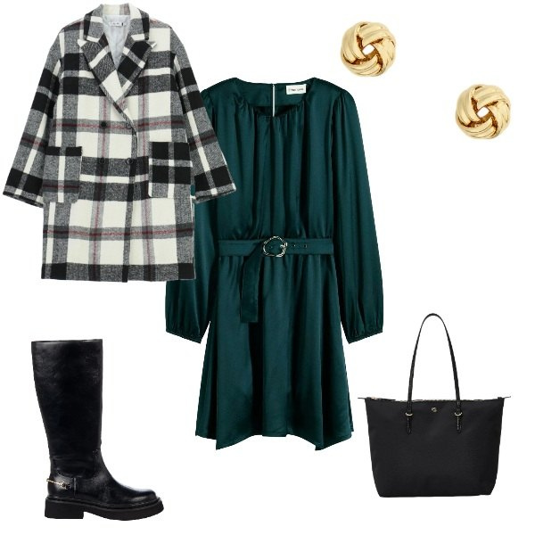 Outfit donna - Il vestito verde. Stile Casual chic per Serata fuori. Abbinamento con borse tote, orecchini, cappotti, stivali sopra il ginocchio, vestiti corti.