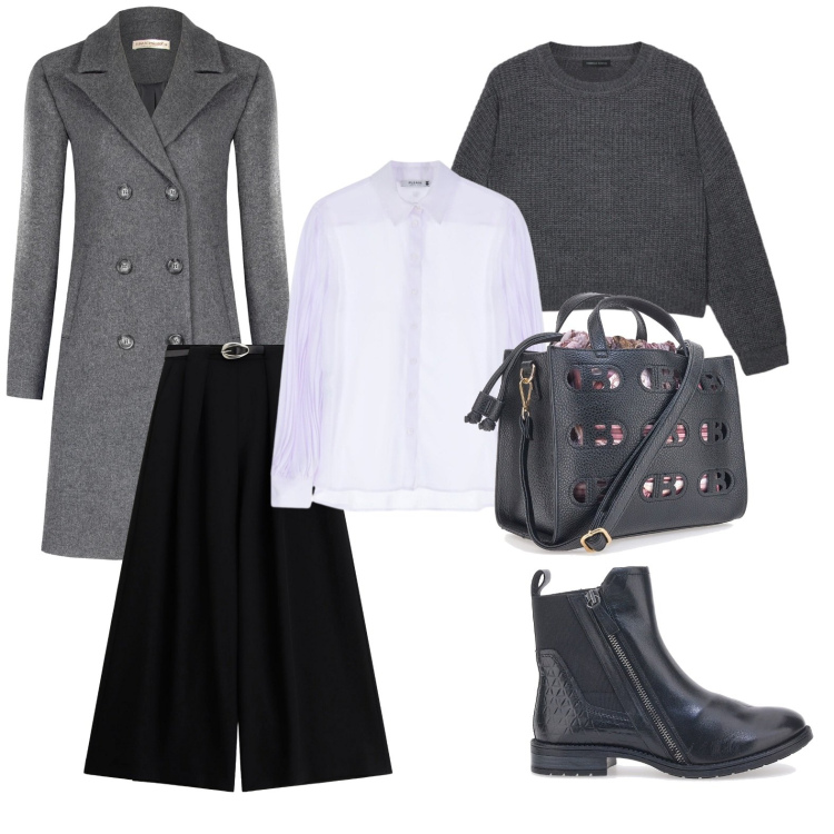 Outfit donna - Lunedì mattina. Stile Urban per Ufficio. Abbinamento con camicie, pantaloni a palazzo, cappotti, maglieria, stivaletti chelsea, borse a mano.