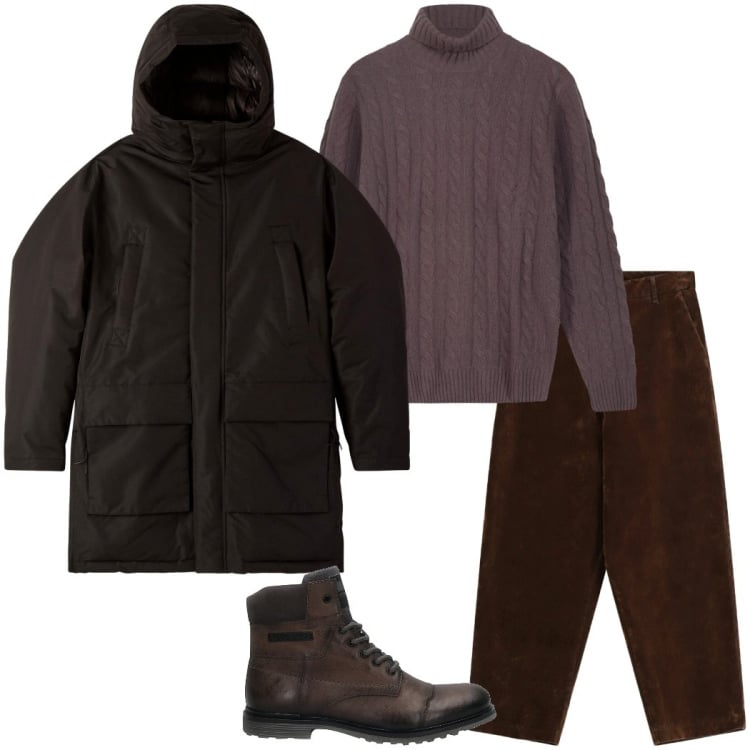 Outfit uomo - Giornata piovosa. Stile Urban per Tutti i giorni. Abbinamento con parka, pantaloni, maglieria, anfibi.