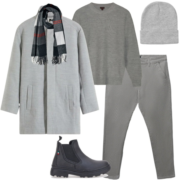 Outfit uomo - Giornata piovosa. Stile Urban per Tutti i giorni. Abbinamento con cappotti, berretti, pantaloni chino, stivali e stivaletti, sciarpe, maglieria.