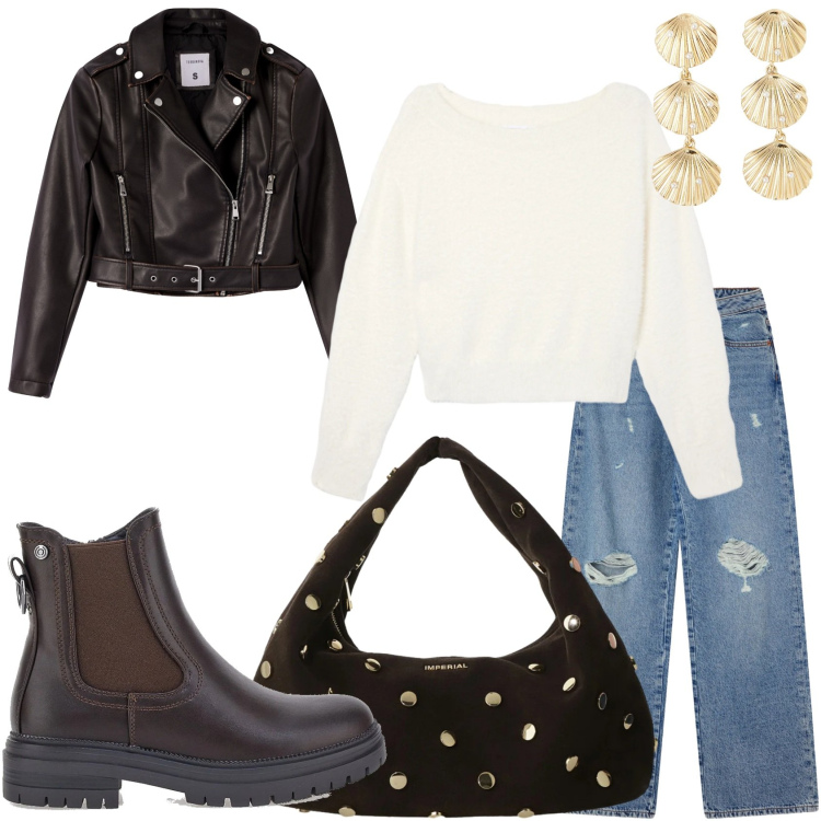 Outfit donna - Pronta per la città e oltre. Stile Trendy per Tutti i giorni. Abbinamento con borse a spalla, maglieria, jeans strappati, orecchini, giacche, stivaletti chelsea.