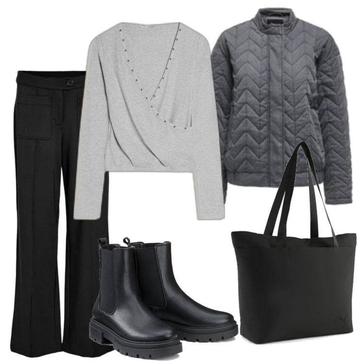 Outfit mujer - Basic look. Estilo Basic para Todos los días. Combinación con camiseta, botines chelsea, blazers, bolso tote, pantalones.