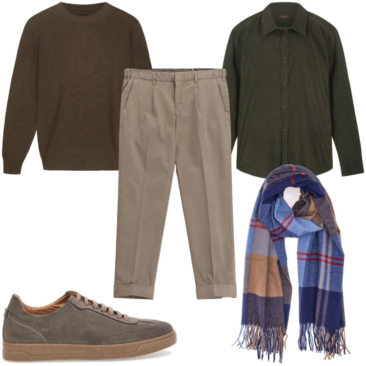 Outfit uomo - Total look #2324332. Stile Casual per Tutti i giorni. Abbinamento con pantaloni chino, camicie, sciarpe, sneakers, maglieria.