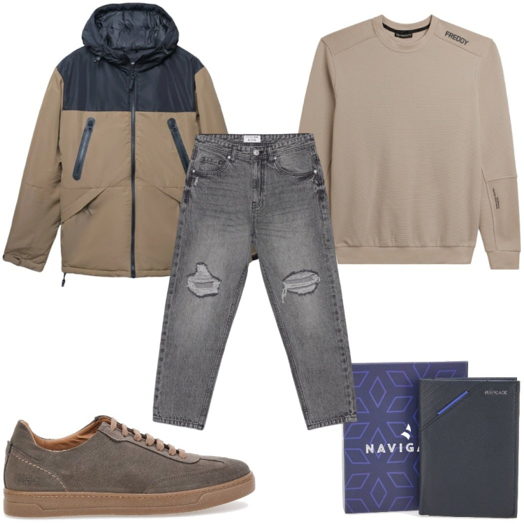 Outfit uomo - Total look #2324334. Stile Casual per Tutti i giorni. Abbinamento con bomber, jeans strappati, felpe, portafogli, sneakers.