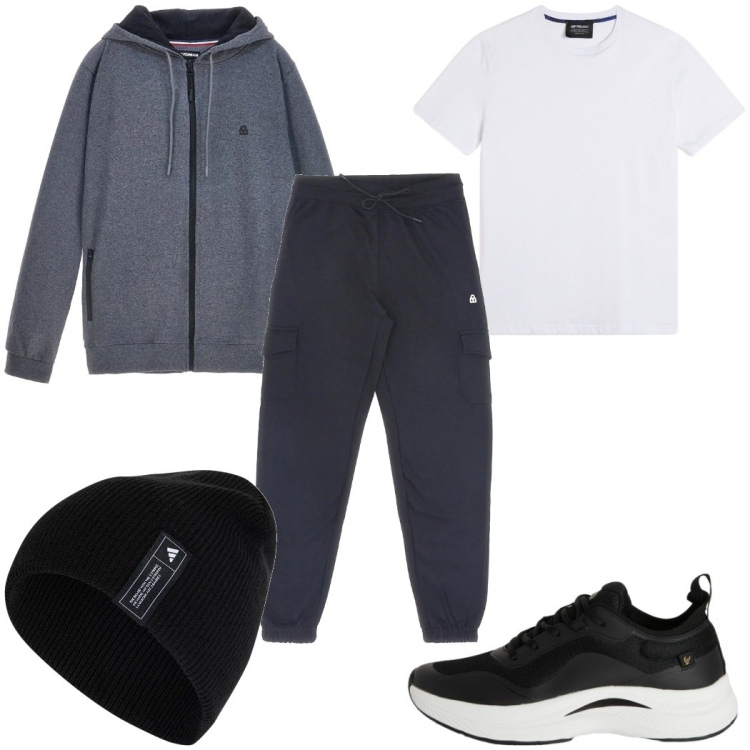 Outfit uomo - Total look #2324335. Stile Urban per Tutti i giorni. Abbinamento con t-shirt, sneakers, berretti, pantaloni cargo, felpe con cappuccio.
