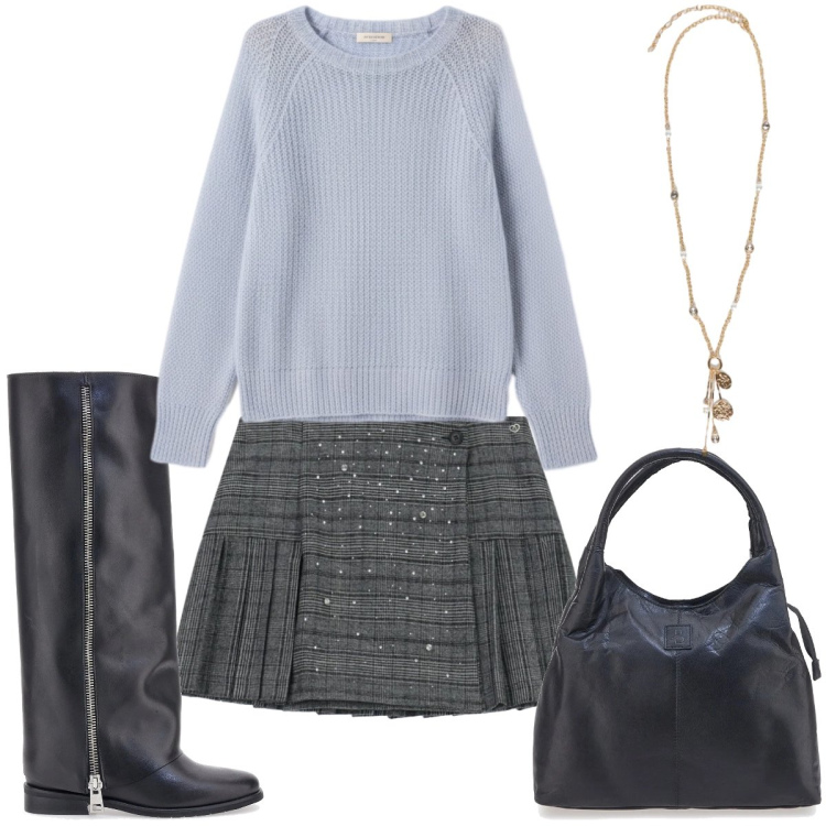 Outfit donna - Total look #2324341. Stile Preppy per Tutti i giorni. Abbinamento con minigonne, maglieria, stivali, ciondoli, borse a mano.