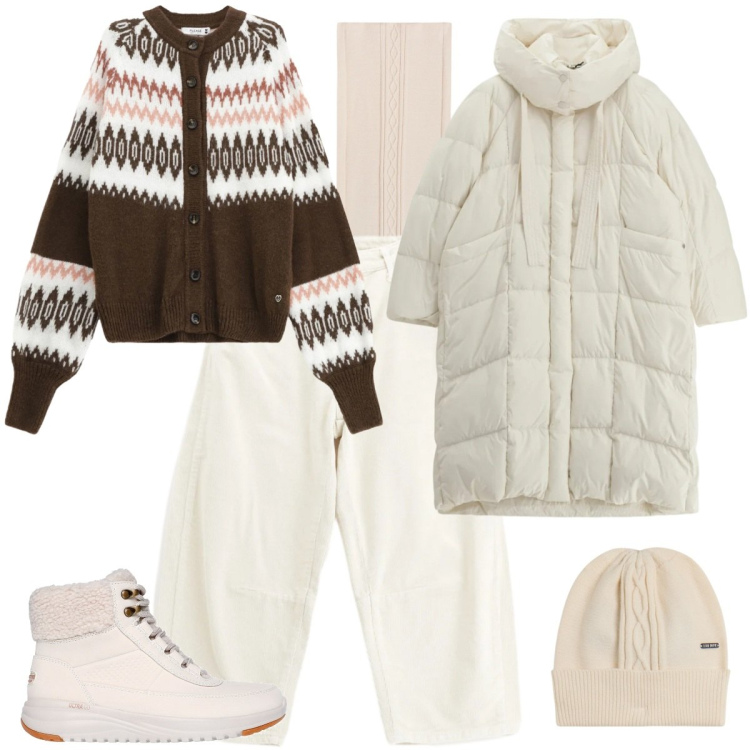 Outfit donna - Atmosfera nordica. Stile Sporty chic per Tutti i giorni. Abbinamento con cardigans, pantaloni, piumini, berretti, sciarpe, anfibi.