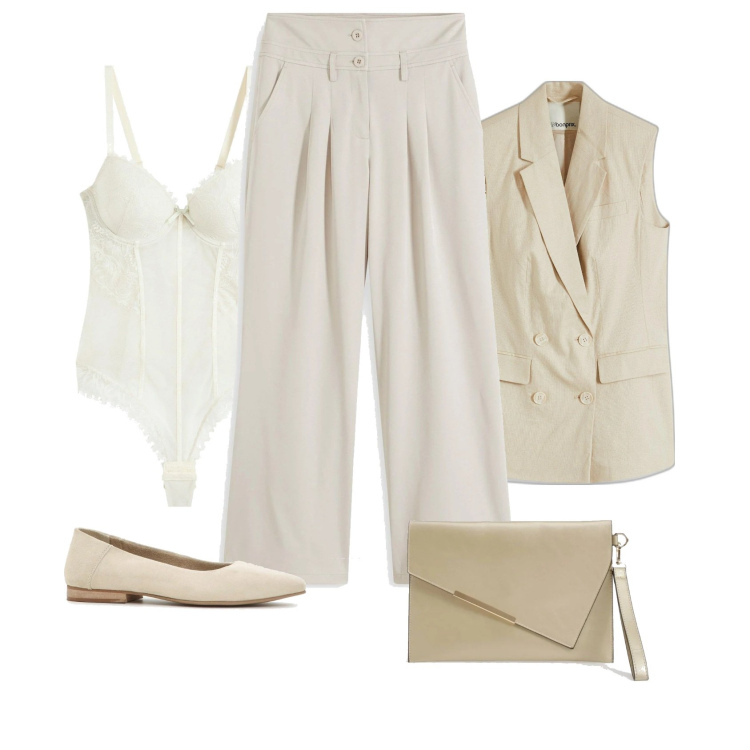 Outfit femme - Minimal Work. Style Minimal pour Bureau. Assortir avec pantalon , blazers, body, ballerines, pochette.