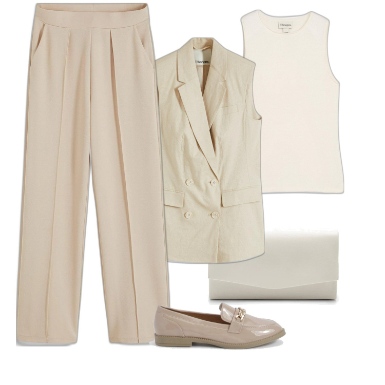 Outfit femme - Veste costume sans manches. Style Minimal pour Bureau. Assortir avec pantalon , blazers, hauts, pochette, mocassins.