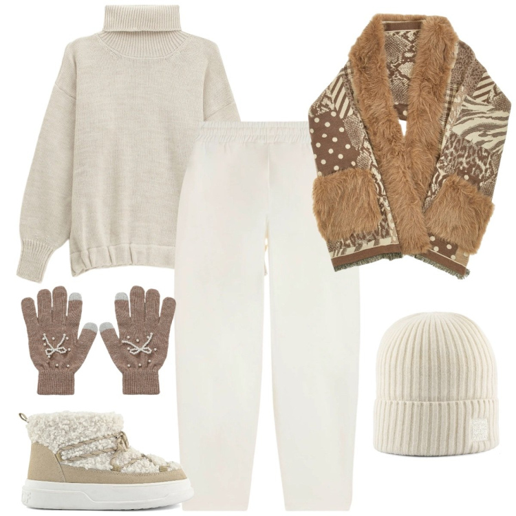 Outfit donna - Atmosfera nordica. Stile Sporty chic per Tutti i giorni. Abbinamento con guanti, maglieria, pantaloni, cappe, stivaletti, berretti.