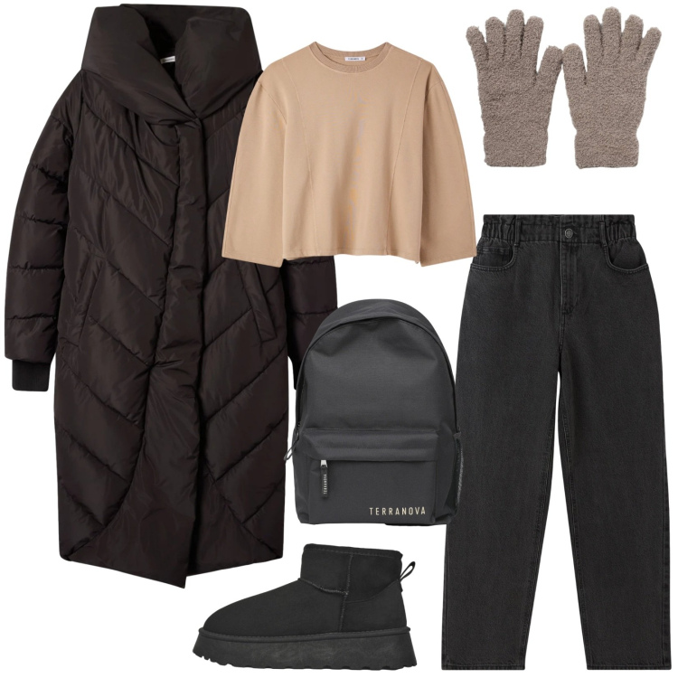 Outfit donna - Terranova saldi. Stile Casual per Tutti i giorni. Abbinamento con jeans, cappotti, zaini, stivaletti, guanti, t-shirt.