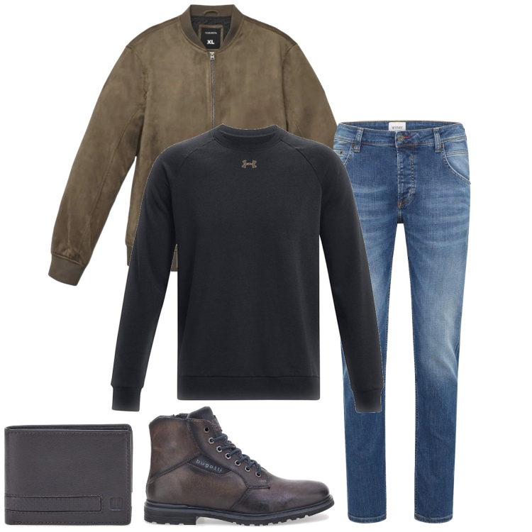 Outfit uomo - Total look #2324356. Stile Urban per Tutti i giorni. Abbinamento con jeans dritti, giacche, felpe, portafogli, stivali e stivaletti.