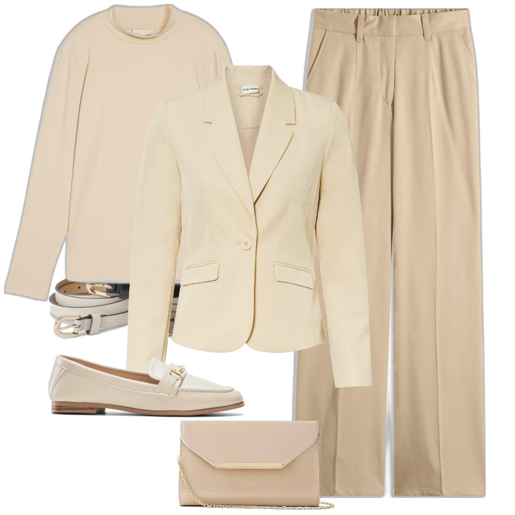 Outfit femme - Nude Sand. Style Casual chic pour Bureau. Assortir avec pochette, blazers, mocassins, t-shirts, pantalon , ceintures.