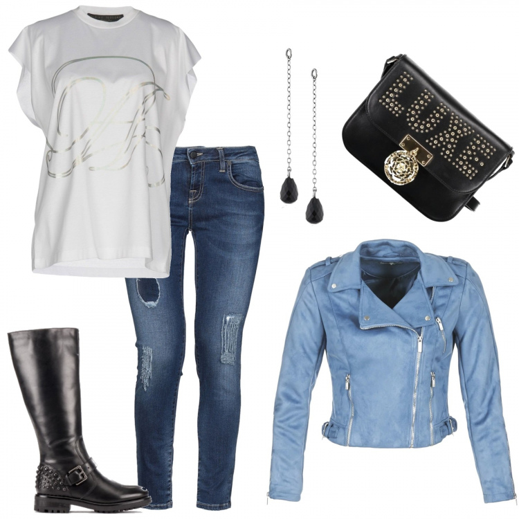 Outfit donna - Rock #431. Stile Rock per Tutti i giorni. Abbinamento con jeans delavé vita bassa con zip tinta unita, t-shirt effetto laminato collo tondo a maniche corte in cotone jersey, giacca blu, stivali con cinturino e borchie, borsa a tracolla con borchie interno foderato oro, ciondoli.