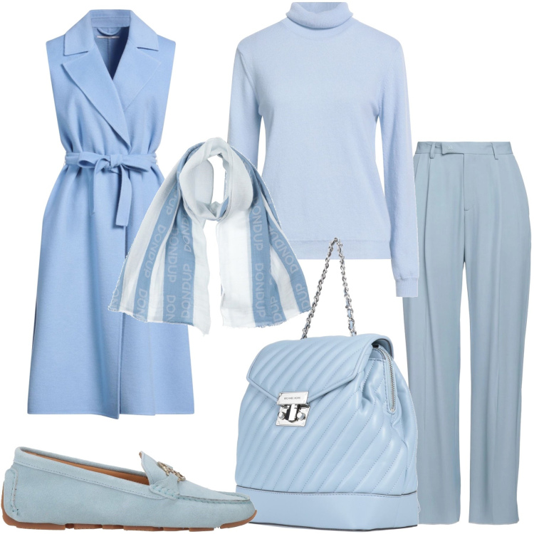 Outfit donna - Febbraio in azzurro. Stile Trendy per Ufficio. Abbinamento con pantaloni, maglieria, cappotti, zaini, sciarpe, mocassini.