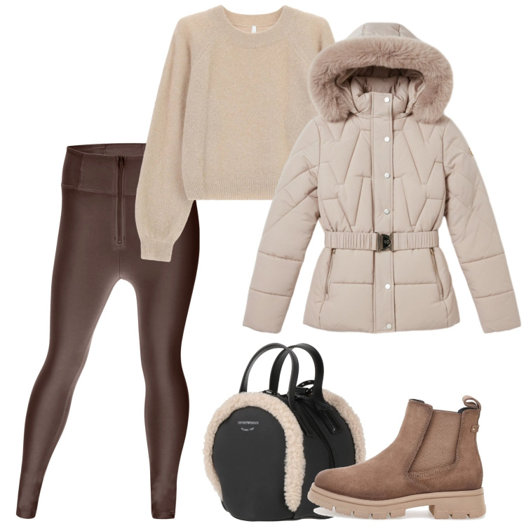 Outfit donna - Passeggiata in montagna. Stile Sporty chic per Tutti i giorni. Abbinamento con zaini, maglieria, pantaloni skinny, piumini, stivaletti chelsea.