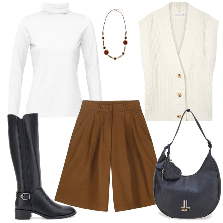 Outfit donna - Gennaio in movimento. Stile Casual chic per Tutti i giorni. look ideale per Tall. Abbinamento con maglieria, collane, bermuda, gilet, stivali sopra il ginocchio, borse a spalla.