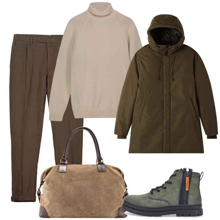 Outfit uomo - Mood nordico. Stile Casual per Tutti i giorni. Abbinamento con parka, pantaloni, borse sportive, pullovers, anfibi.