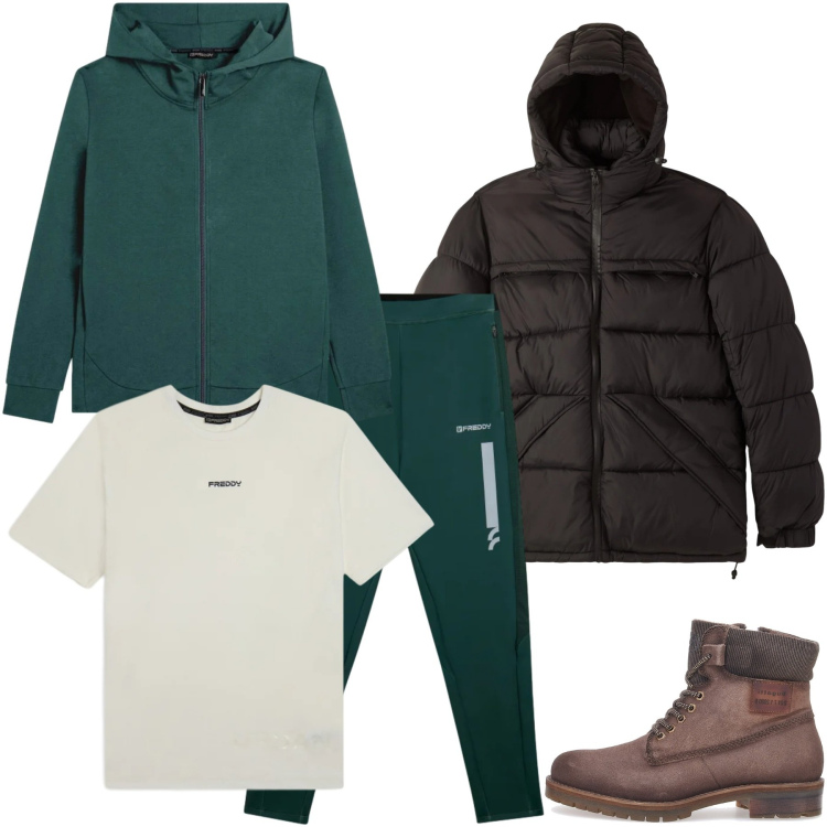 Outfit uomo - Giornata piovosa. Stile Casual per Sport. Abbinamento con bomber, pantaloni, felpe con cappuccio, t-shirt, stivali e stivaletti.