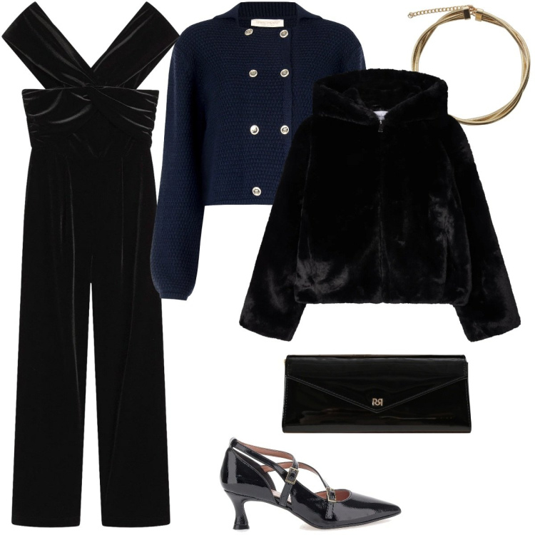 Outfit donna - Serata elegante in lana e velluto-curvy. Stile Chic per Serata fuori. Abbinamento con tute, ecopellicce, collane, pochette, blazer, décolleté.