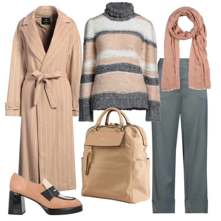 Outfit donna - Total look #2324401. Stile Casual chic per Ufficio. Abbinamento con mocassini, pantaloni, maglieria, sciarpe, zaini, cappotti.
