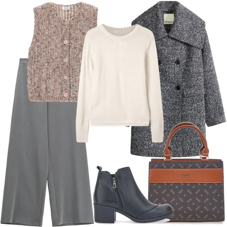 Outfit donna - Layering per i giorni più freddi. Stile Urban per Tutti i giorni. Abbinamento con cappotti, maglieria, gilet, pantaloni a palazzo, borse a mano, stivaletti.