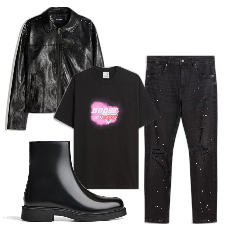 Outfit hombre - Biker Rock #12. Estilo Biker Rock para Todos los días. Combinación con camiseta, vaqueros rotos, chaquetas, botas y botines.