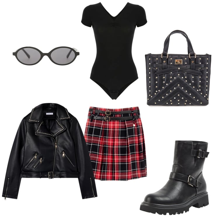 Outfit donna - Urban Rock. Stile Rock per Tutti i giorni. Abbinamento con giacche, stivaletti, occhiali da sole, body, minigonne, borse a mano.