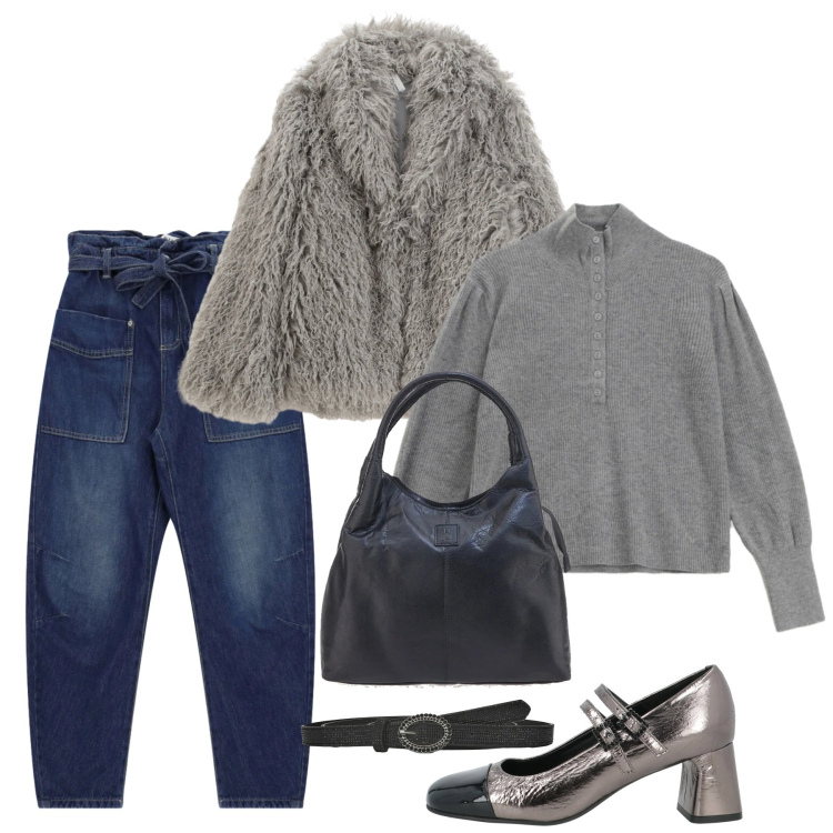 Outfit donna - Polvere per il pomeriggio. Stile Casual chic per Tutti i giorni. Abbinamento con décolleté, cinture, jeans, maglieria, ecopellicce, borse a mano.