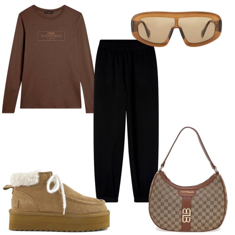 Outfit donna - Total look #2324422. Stile Casual chic per Tutti i giorni. Abbinamento con pantaloni, occhiali da sole, t-shirt, stivali, borse a spalla.