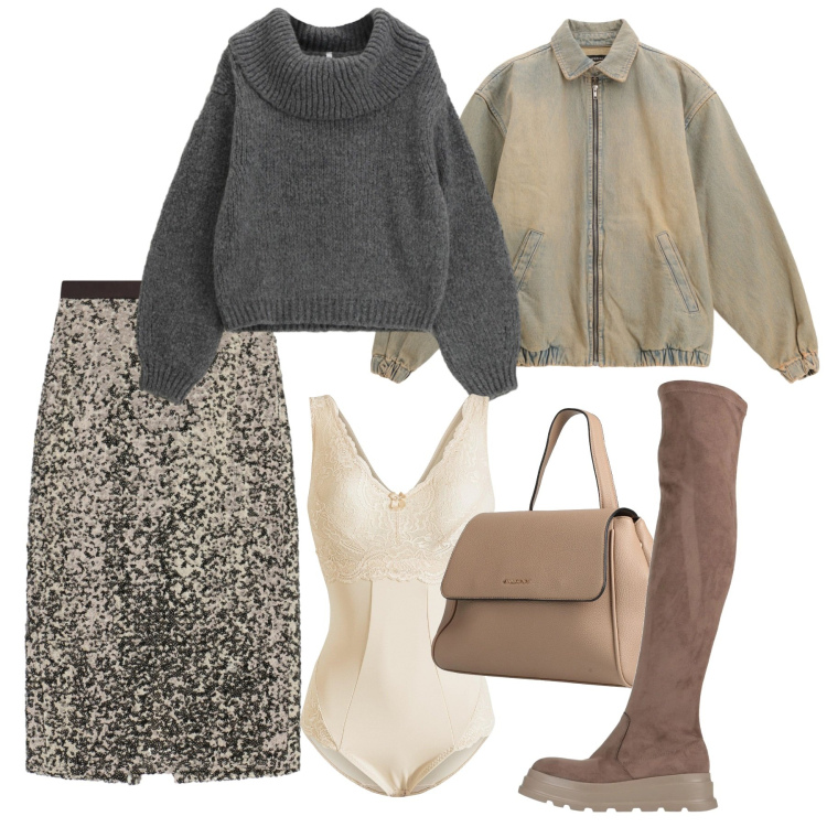 Outfit donna - Le paillettes di giorno. Stile Casual chic per Tutti i giorni. Abbinamento con body, stivali sopra il ginocchio, zaini, gonne longuette, bomber, maglieria.