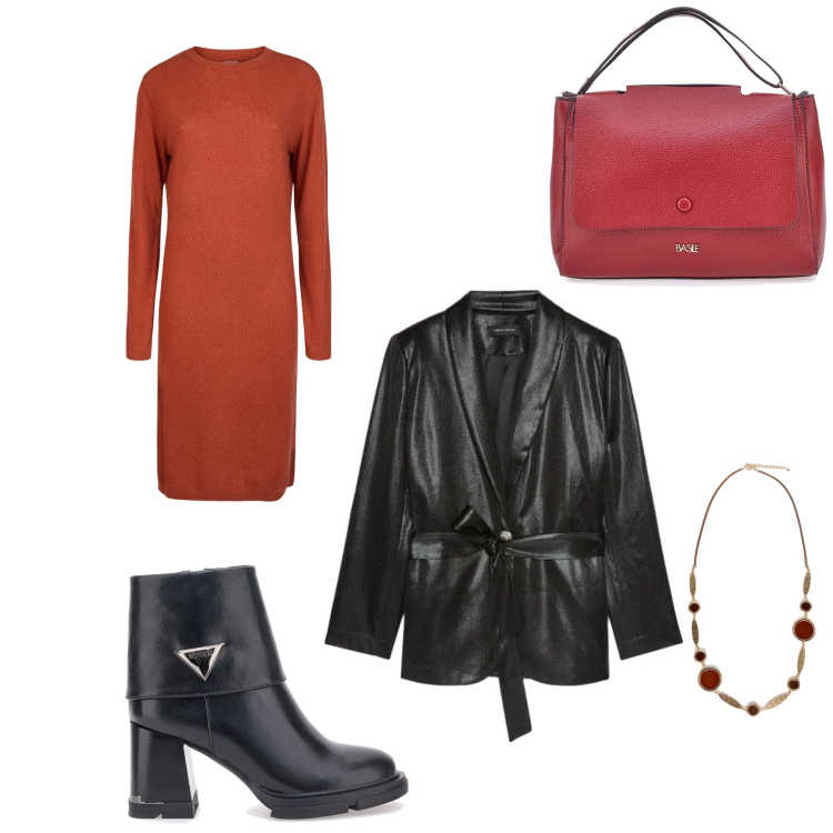 Outfit donna - Shopping nel pomeriggio. Abbinamento con vestiti midi/longuette, borse a tracolla, stivaletti, collane, blazer.