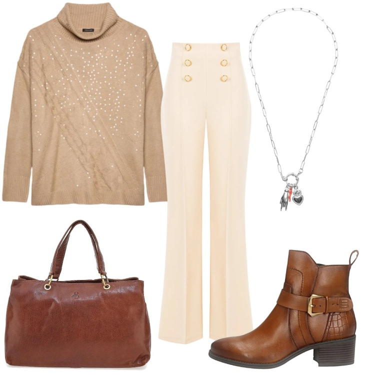 Outfit donna - Total look #2324429. Stile 70s per Tutti i giorni. Abbinamento con ciondoli, pantaloni, stivaletti, maglieria, borse a tracolla.