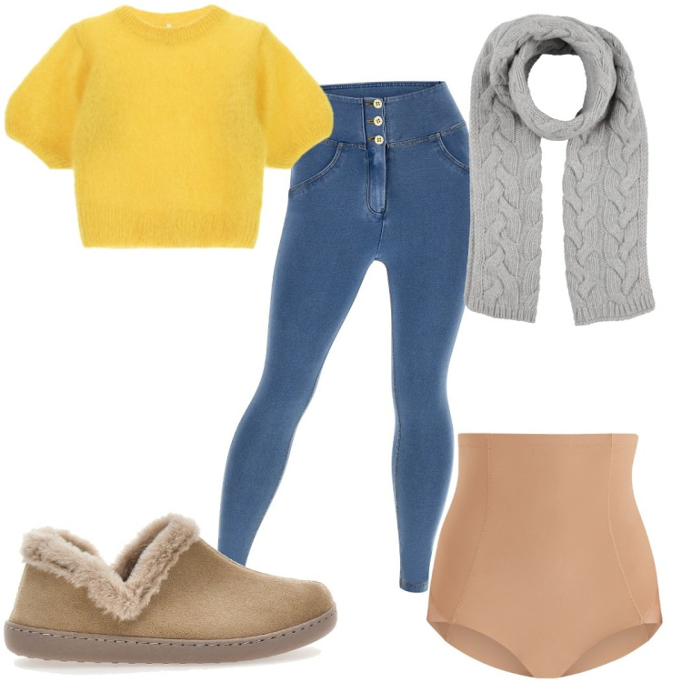 Outfit donna - Total look #2324430. Stile Basic per Tutti i giorni. Abbinamento con sciarpe, t-shirt, jeggings, culotte, pantofole.