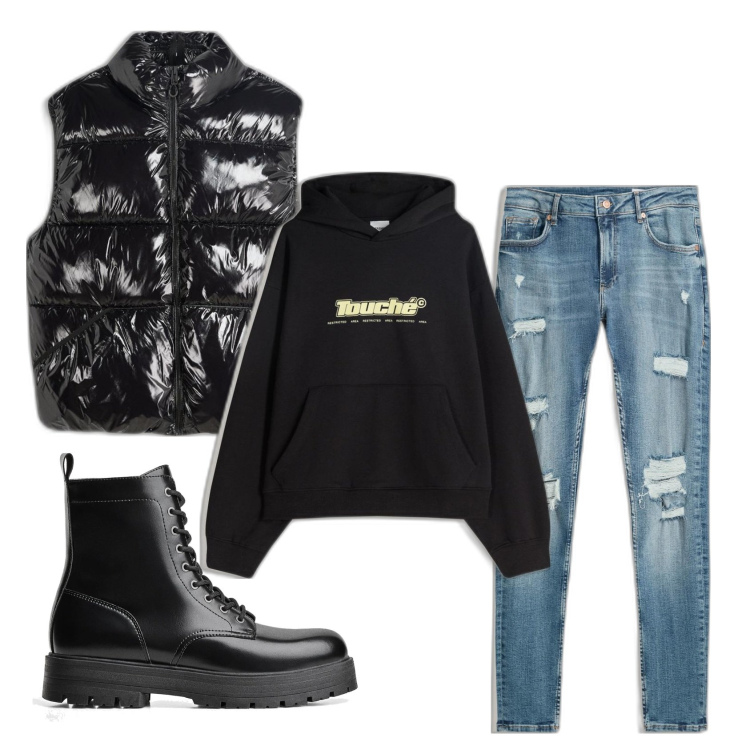 Outfit hombre - Biker Rock #13. Estilo Biker Rock para Todos los días. Combinación con chalecos, botas y botines, sudaderas con capucha, vaqueros rotos.