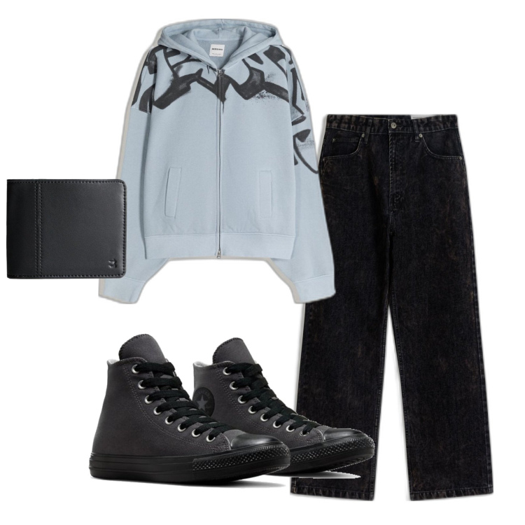 Outfit hombre - Biker Rock #14. Estilo Biker Rock para Todos los días. Combinación con sneakers, sudaderas con capucha, vaqueros, carteras.