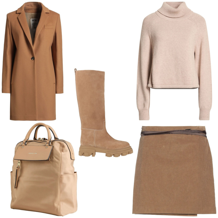 Outfit donna - Boots &skirt. Stile Casual chic per Tutti i giorni. Abbinamento con minigonne, cappotti, stivali, maglieria, zaini.