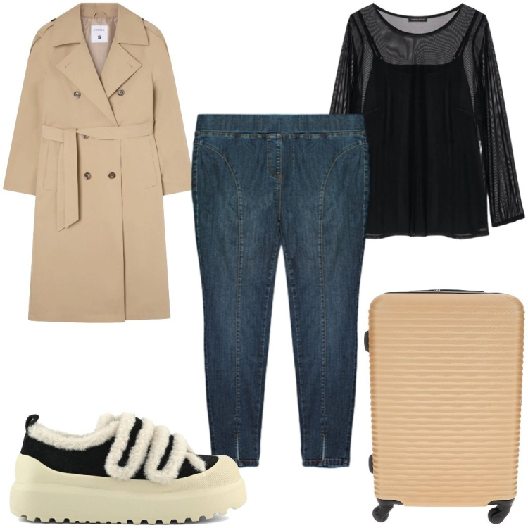 Outfit donna - Total look #2324436. Stile Casual per Tutti i giorni. Abbinamento con trench, bluse, valigie, jeggings, sneakers.