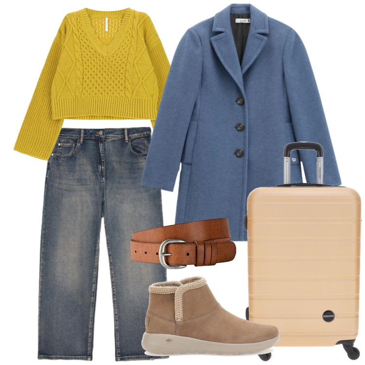 Outfit donna - Vacanze d\'inverno. Stile Casual per Tutti i giorni. Abbinamento con cinture, cappotti, maglieria, valigie, stivaletti, jeans.