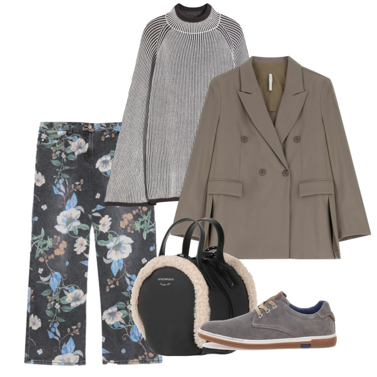 Outfit donna - Mix creativo. Stile Casual chic per Tutti i giorni. Abbinamento con maglieria, zaini, blazer, scarpe stringate, jeans.