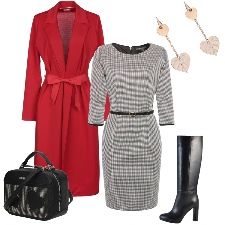 Outfit donna - Love love. Stile Bon Ton per Serata fuori. Abbinamento con soprabito jersey, borsa a mano con borchie e logo frontale nero, vestito nero, stivali con zip, orecchini petite glitter in ottone.