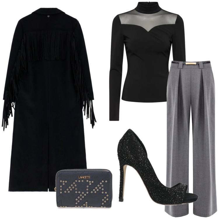 Outfit donna - Serata elegante in lana e velluto. Stile Chic per Serata fuori. Abbinamento con décolleté, cappotti, pantaloni a palazzo, bluse, portafogli.