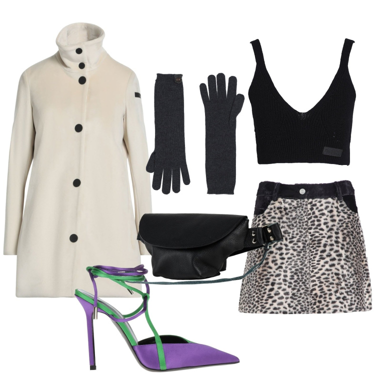 Outfit donna - Serata elegante in lana e velluto. Stile Chic per Serata fuori. Abbinamento con décolleté, minigonne, guanti, marsupi, cappotti, top.