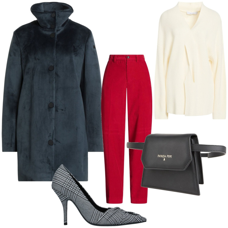 Outfit donna - Serata elegante in lana e velluto. Stile Chic per Serata fuori. Abbinamento con décolleté, marsupi, cappotti, pantaloni, pullovers.