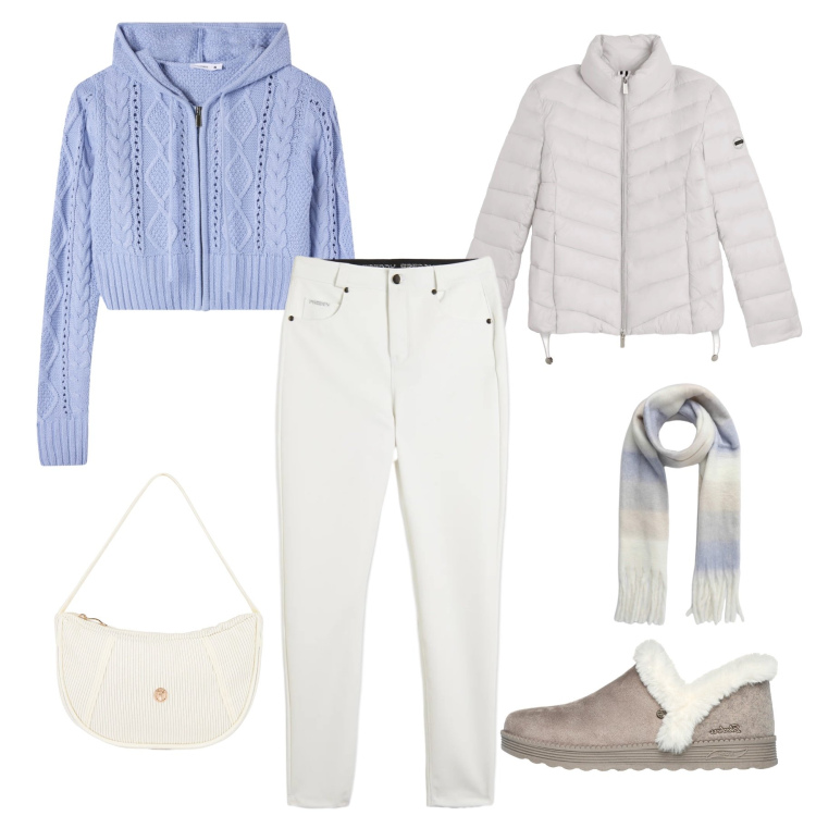 Outfit donna - Comfort e Stile Pastello. Stile Casual chic per Tutti i giorni. Abbinamento con cardigans, sciarpe, pantaloni skinny, borse a mano, piumini, stivaletti.