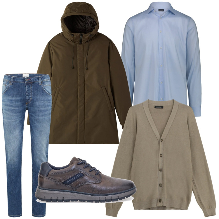 Outfit uomo - Gennaio senza fretta. Stile Casual per Tutti i giorni. Abbinamento con jeans dritti, parka, cardigans, scarpe stringate, camicie.