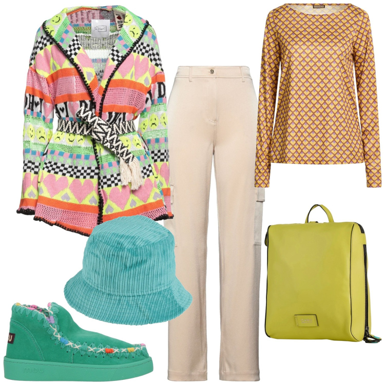 Outfit donna - Atmosfera nordica. Stile Casual chic per Tutti i giorni. Abbinamento con cardigans, pantaloni cargo, t-shirt, stivaletti, zaini, cappelli.