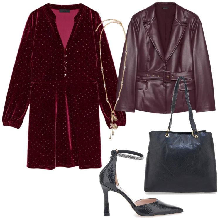 Outfit donna - Serata elegante in velluto fdci. Stile Bon Ton per Serata fuori. Abbinamento con décolleté, ciondoli, blazer, vestiti corti, shopping bag.